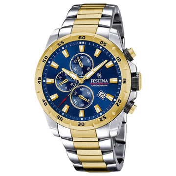 Ρολόι Festina F20562/2 χρονογράφος με ασημί-χρυσό ατσάλινο μπρασελέ, μπλε καντραν, μηχανισμό μπαταρίας quartz, στρογγυλό στεφάνι με διάμετρο 45mm και ένδειξη ημερομηνίας αδιάβροχο στις 10ΑΤΜ-100Μ.